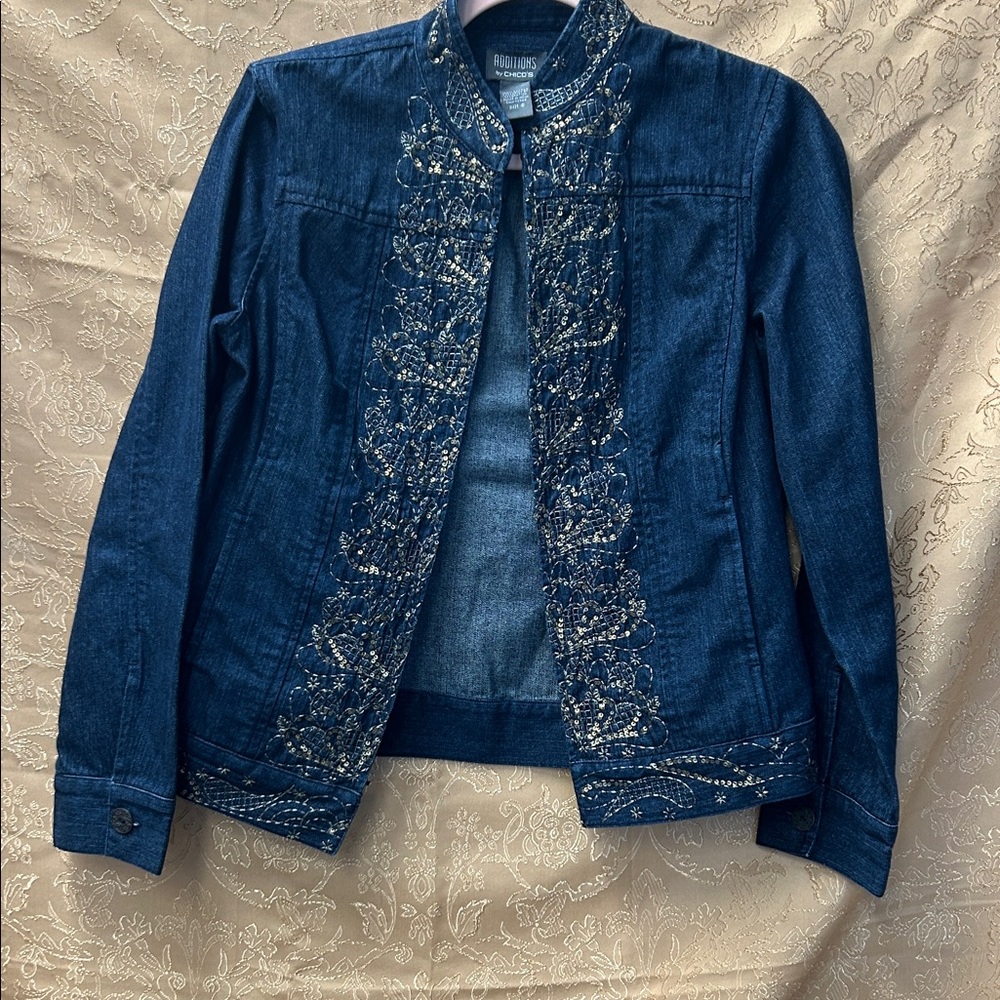 Chico's Dark Blue Embellished Denim Jacket